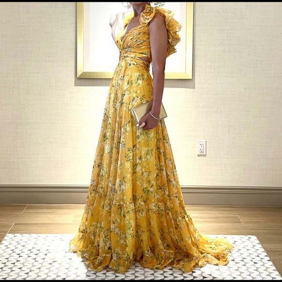 Mac Duggal | Dresses | Mac Duggal Yellow Ruffle Tiered Floral Cutout  Chiffon Gown Nwt | Poshmark